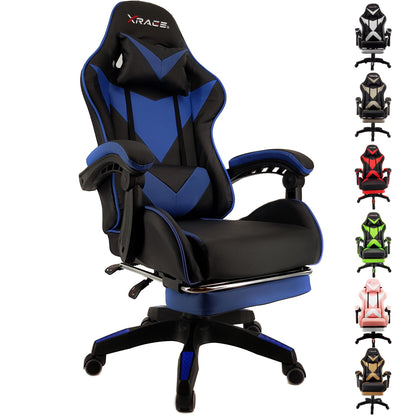 xRace Gaming Stuhl Ergonomischer Lederbürostuhl – Blau. Blauer Leder-Gaming-Stuhl mit ergonomischer Form für komfortables Sitzen beim Gaming und im Büro.