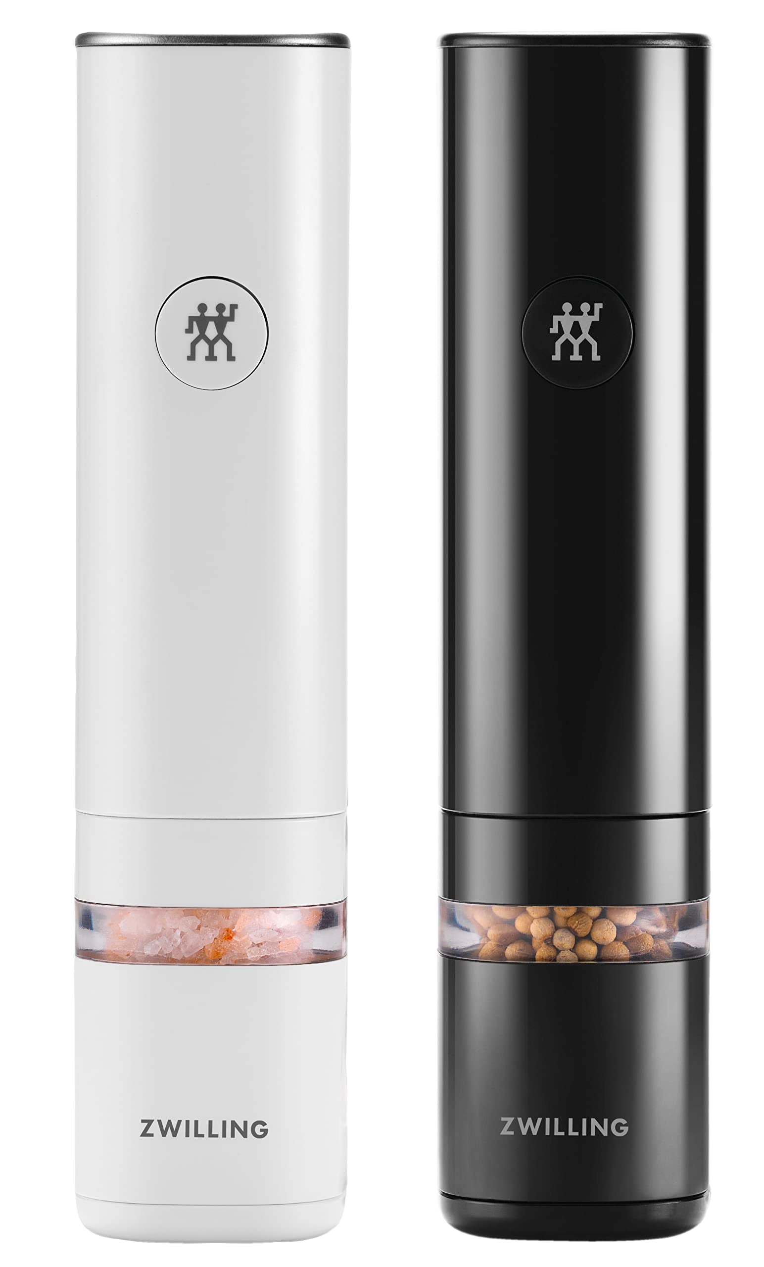 Zwilling Enfinigy Elektrische Mühle Set - Schwarz & Weiss. Zwei zylinderförmige Mühlen in Schwarz und Weiß. Dient zum elektrischen Mahlen von Gewürzen und trockenen Kräutern.
