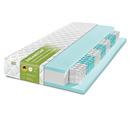 DREAMSTAR Ergo Flex Duo Taschenfederkernmatratze - 90x200cm H2/H3. Rechteckige, hell bezogene Matratze. Bietet ergonomische Körperanpassung für optimalen Schlafkomfort.