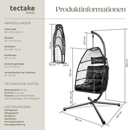 tectake® Hängesessel mit Gestell Indoor/Outdoor – Schwarz