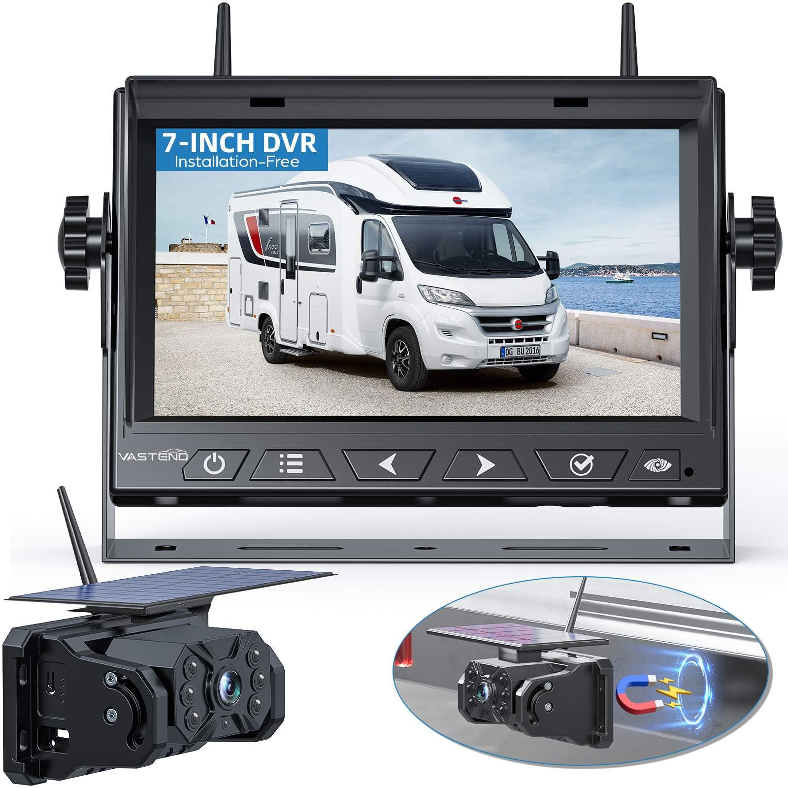 VASTEND Solar Rückfahrkamera kabellos VS-7A mit 7 Zoll Monitor, Solarpanel und Magnetbasis