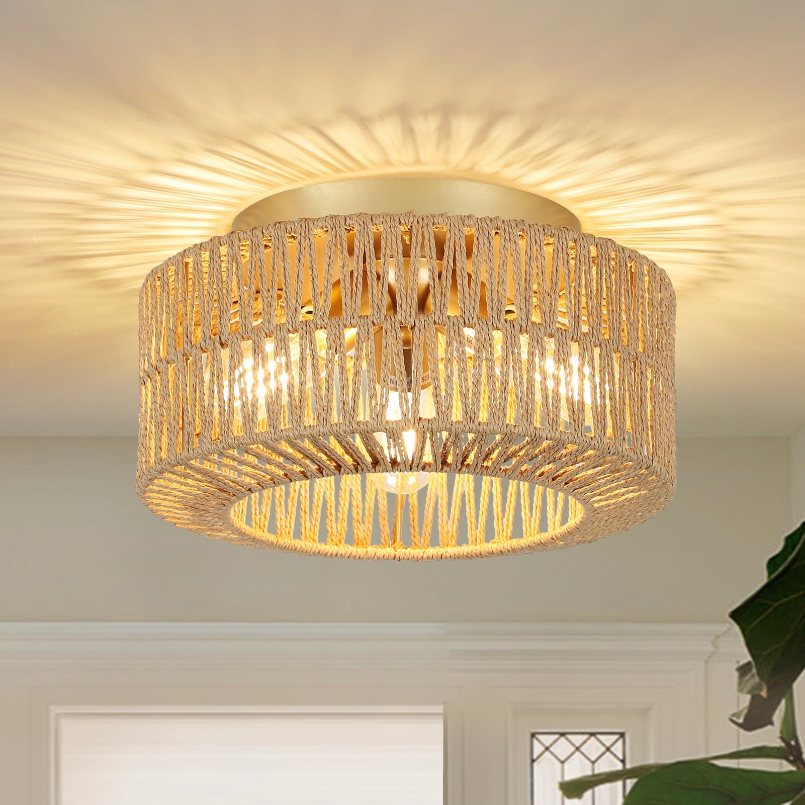 Rayofly Boho Deckenlampe HLF17, 3-flammig mit Rattan-Lampenschirm und goldener Metallbasis