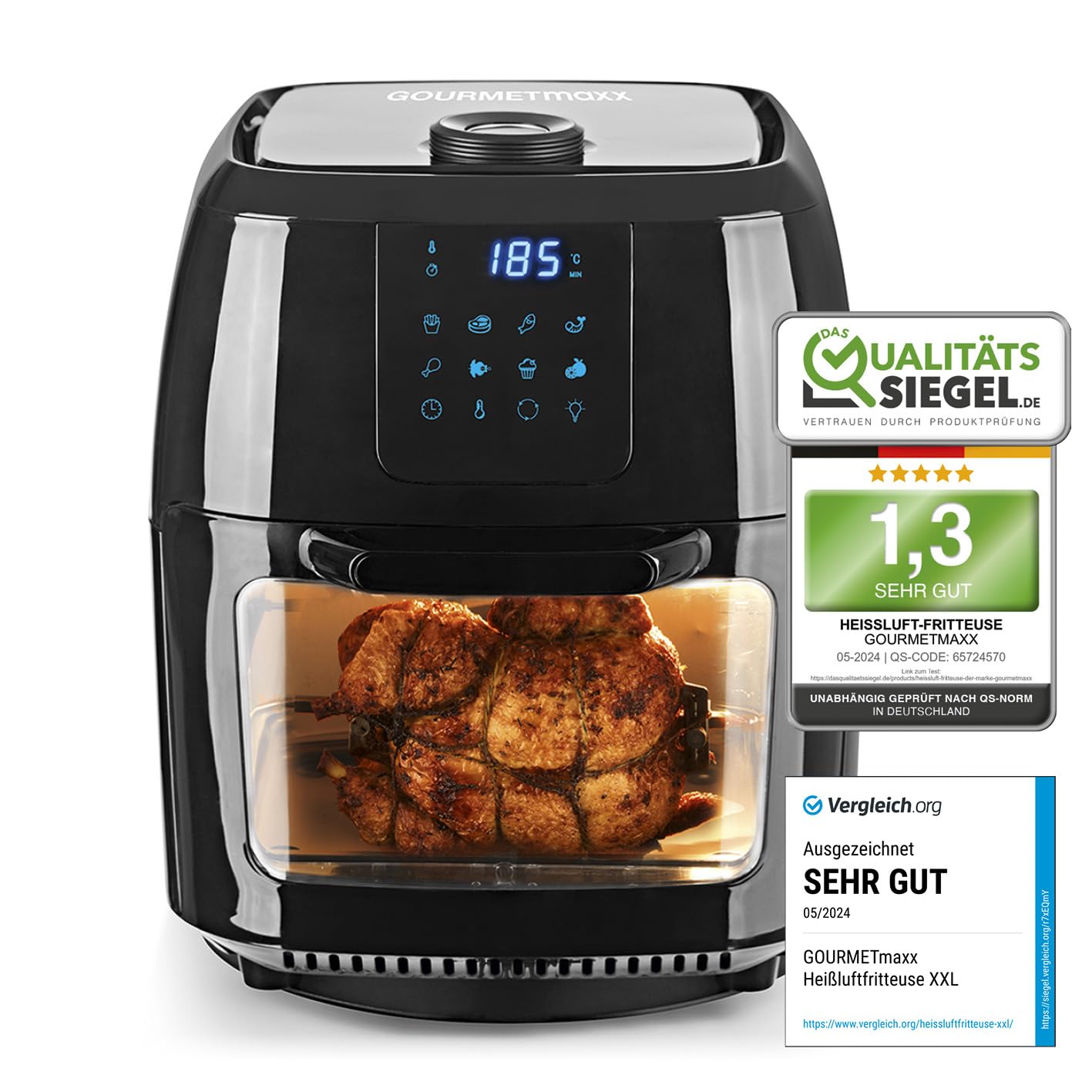 GOURMETmaxx XXL Heissluftfritteuse 9L - Digital. Schwarze, quaderförmige Heissluftfritteuse mit digitalem Display. Ermöglicht fettarmes Frittieren, Backen und Grillen durch Zirkulation heisser Luft.
