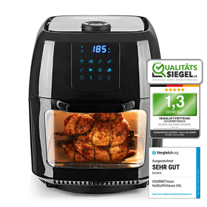 GOURMETmaxx XXL Heissluftfritteuse 9L - Digital. Schwarze, quaderförmige Heissluftfritteuse mit digitalem Display. Ermöglicht fettarmes Frittieren, Backen und Grillen durch Zirkulation heisser Luft.
