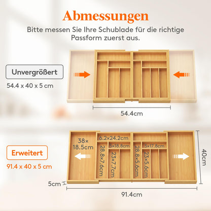 Lifewit Besteckkasten für Schubladen, Bambus, ausziehbar 54,4–91,4 cm