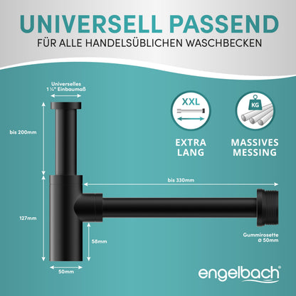 Engelbach Design Siphon Waschbecken Schwarz mit Reinigungsöffnung