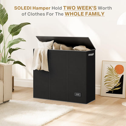 SOLEDI Wäschekorb mit Deckel, 180 L, 3 Fächer, faltbar
