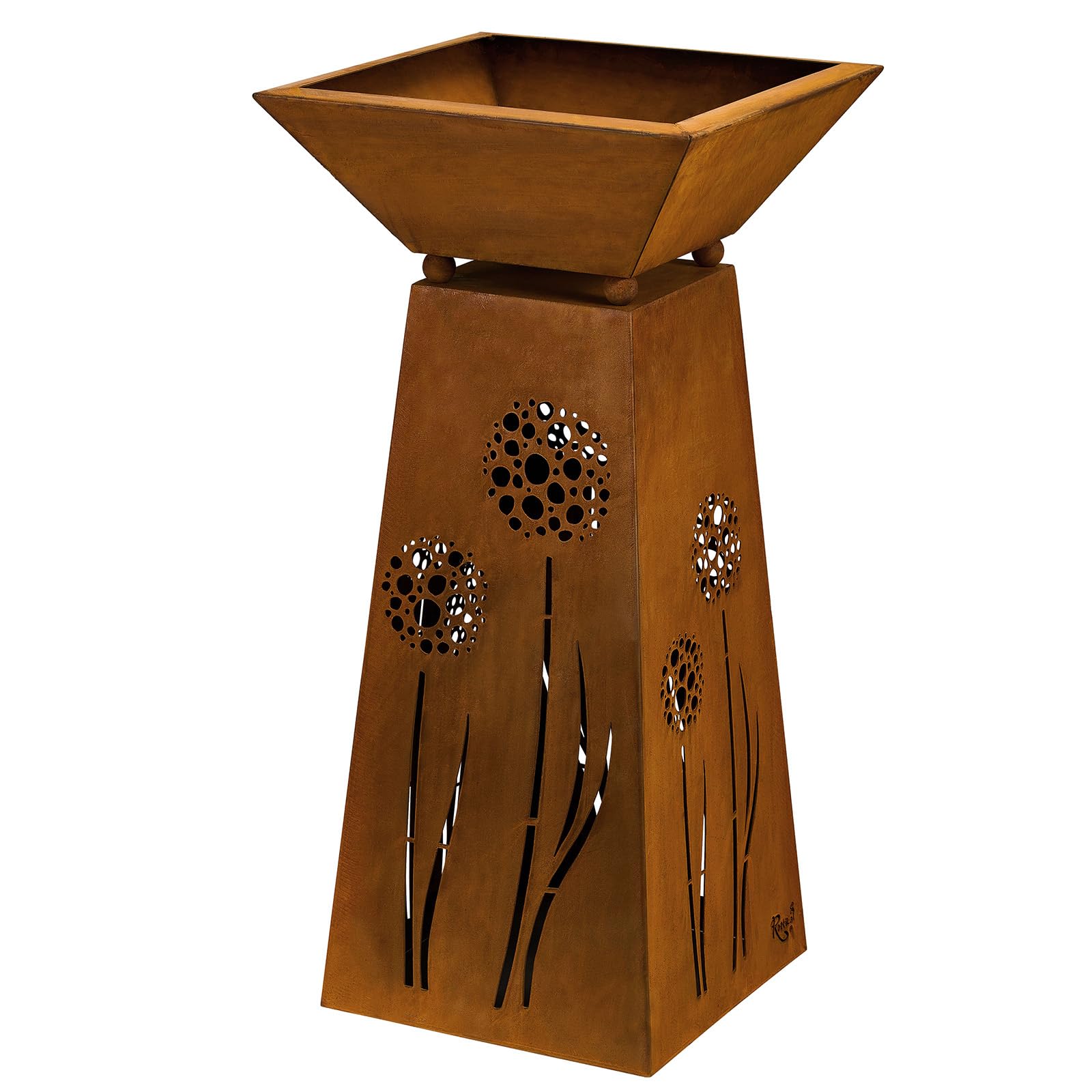 Rostikal Blumensäule Edelrost Pflanzsäule mit Schale, 72 cm aus Metall mit Pusteblumenmotiv