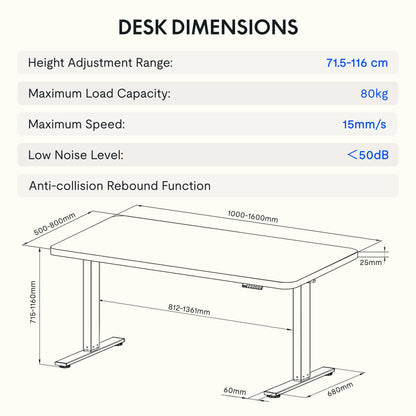 FLEXISPOT Schreibtisch Höhenverstellbar - 160x80cm Weiss Einteilig