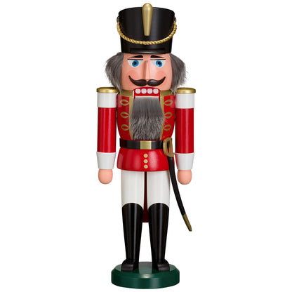 Seiffener Volkskunst Husar mit Säbel Nussknacker - 37 cm Rot. Rote Husarenfigur; dient als mechanisches Werkzeug zum Aufbrechen von Nussschalen.