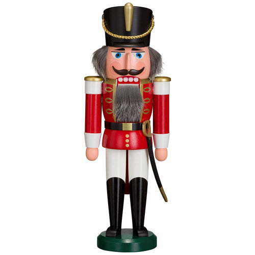 Seiffener Volkskunst Husar mit Säbel Nussknacker - 37 cm Rot. Rote Husarenfigur; dient als mechanisches Werkzeug zum Aufbrechen von Nussschalen.