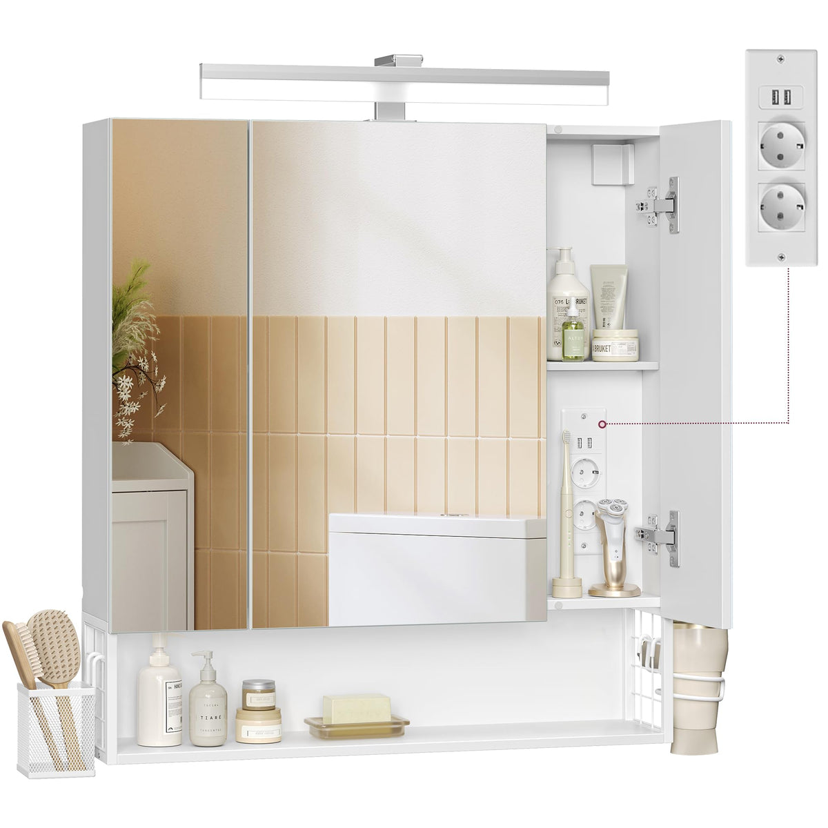 VASAGLE Spiegelschrank mit LED BBK126W01 Wolkenweiss –