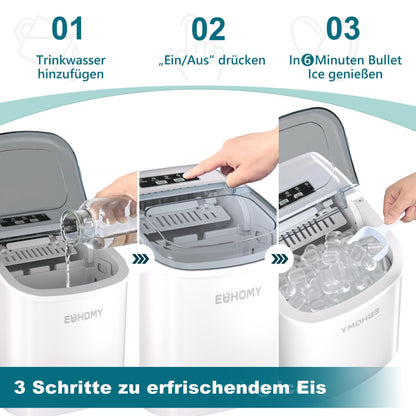 EUHOMY Eiswürfelmaschine, 9 Eiswürfel in 6 Minuten, 12 kg/Tag, weiss