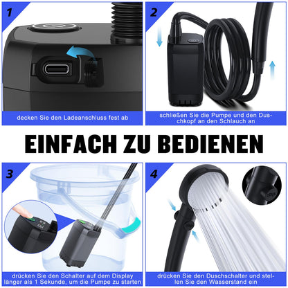 Spopal Campingdusche mit Pumpe, 6000 mAh Akku, Temperaturanzeige