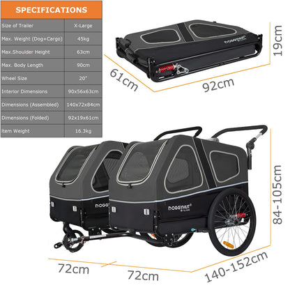 Doggyhut S-Line XL Hundeanhänger Buggy gefedert - Grau/Schwarz
