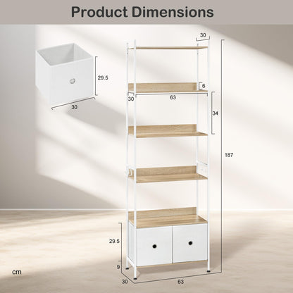 WOLTU Bücherregal mit 5 Ablagen, 2 Schubladen - Helle Eiche Weiss