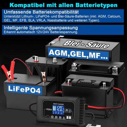 HTRC P20A Autobatterie Ladegerät 12V/24V für LiFePO4 & Blei-Säure