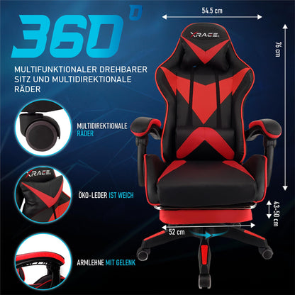 xRace Gaming Stuhl Ergonomischer Bürostuhl - Rot mit Fussstuetze