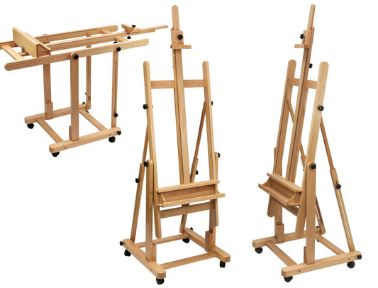 Profi-Staffelei Modell 120 Buche FSC – Waagerecht, Rollen: Buche-Staffelei mit waagerechter Malauflage auf Rollen. Ideal für horizontale Maltechniken.