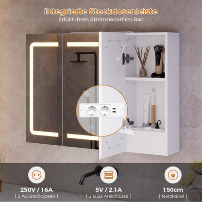 mojiasion Spiegelschrank mit LED-Beleuchtung, Steckdose, 60×80 cm