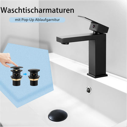 BOOXELY Waschtischarmatur Schwarz Matt mit Pop-Up Ablaufgarnitur