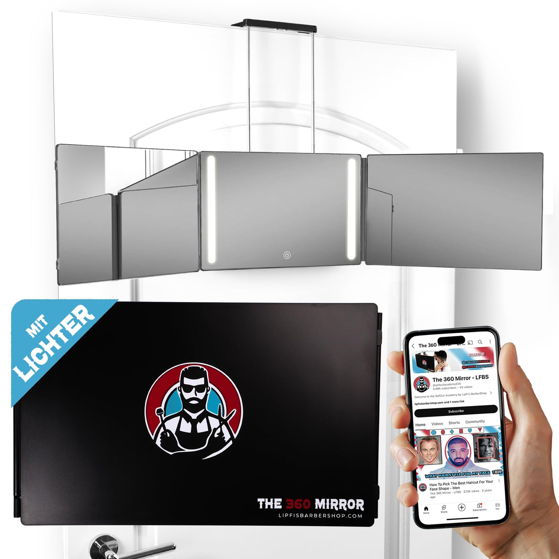 LIPFISBARBERSHOP.COM 360-Grad-Haarschneidespiegel mit LED-Beleuchtung, dreifach faltbar, für den Selbsthaarschnitt
