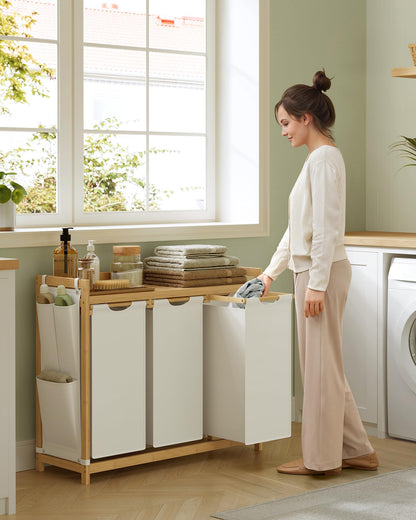 SONGMICS Wäschekorb mit 3 Fächern, Bambus, 150 L, cremeweiss