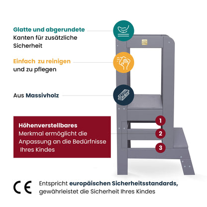 Meowbaby Lernturm höhenverstellbar – Montessori Holz, Schwarz-Natur