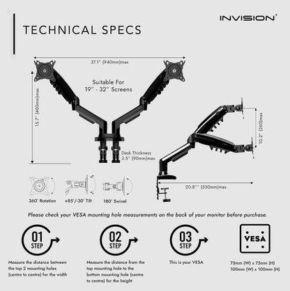 Invision MX400 Dual Monitor Schreibtischklemme – 19-32 Zoll