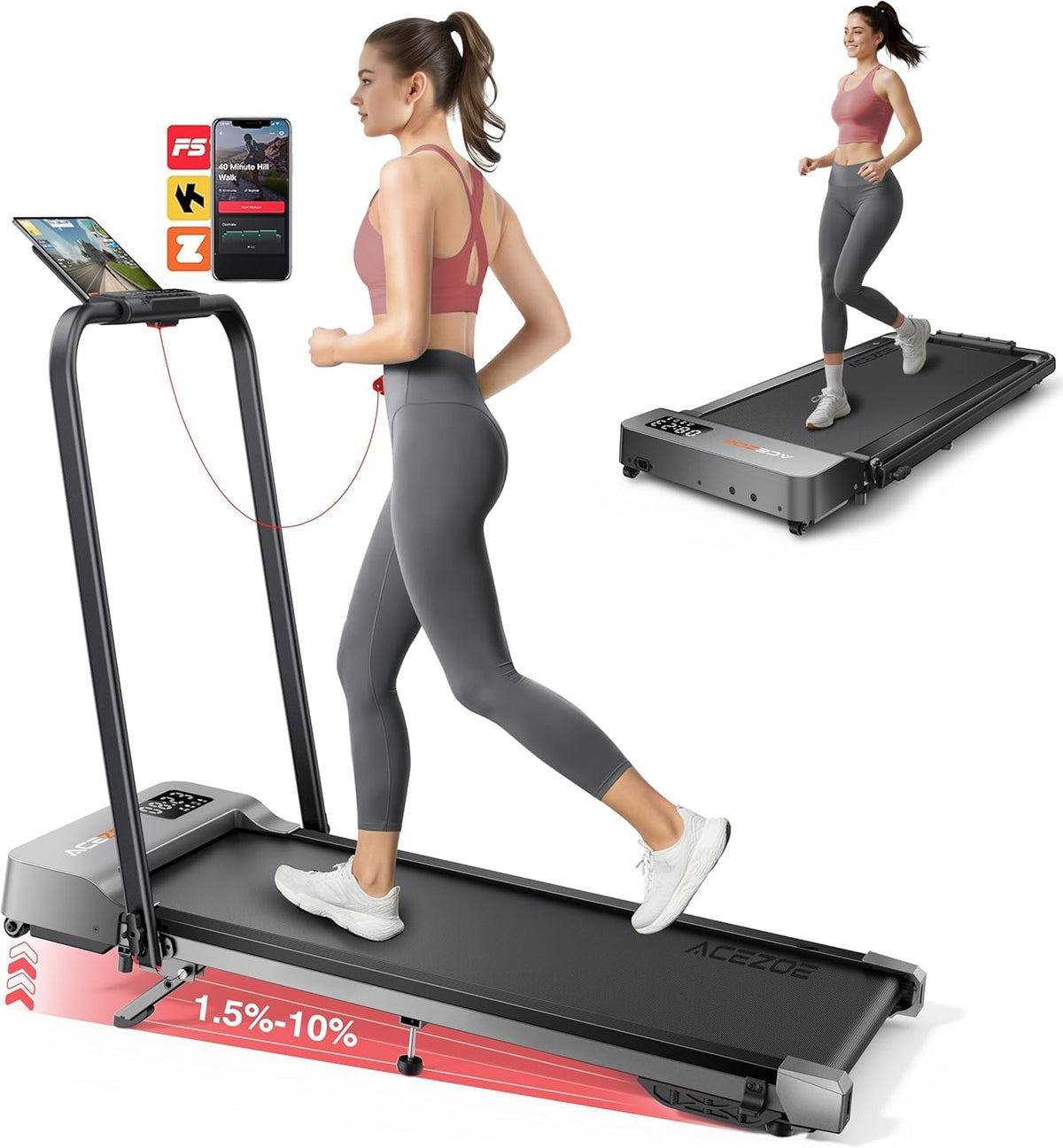 Acezoe P12 Laufband klappbar, Walking Pad mit Steigung, bis 135 kg, LED-Anzeige und Griff