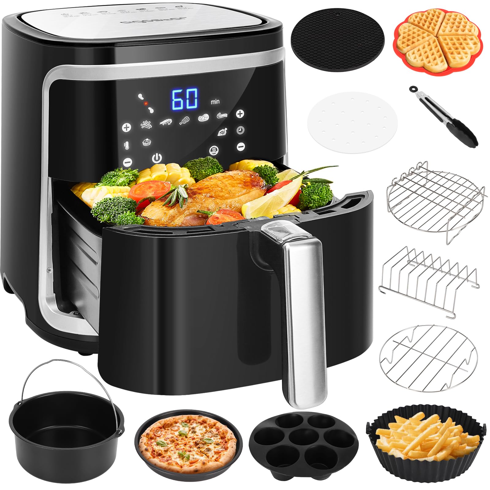Aigostar Heissluftfritteuse XXL 7L – Doppelkorb, schwarz, mit zwei Gargutsfächern. Frittiert und gart Speisen gleichzeitig.