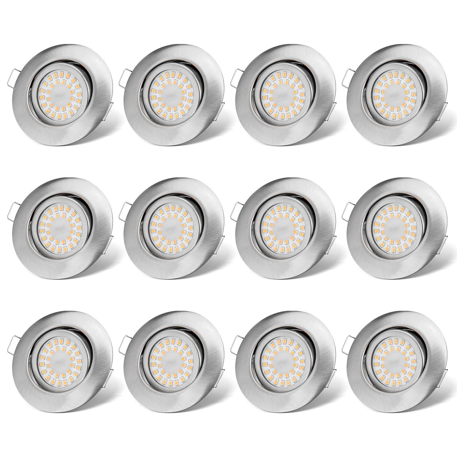 LED Einbauspot Flach Dimmbar Warmweiss IP44 Schwenkbar - 12er Set. Runde, flache Spots für dimmbares, warmweisses Licht. IP44 für Feuchträume, schwenkbar zur Akzentbeleuchtung.