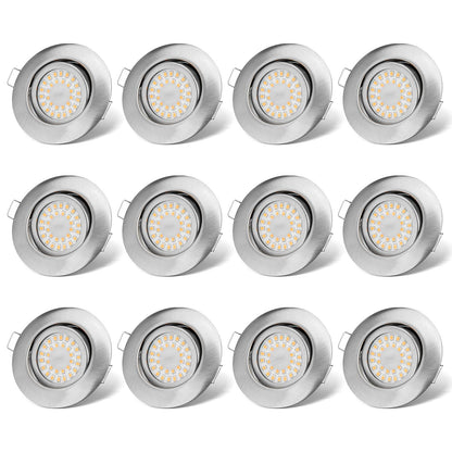 LED Einbauspot Flach Dimmbar Warmweiss IP44 Schwenkbar - 12er Set. Runde, flache Spots für dimmbares, warmweisses Licht. IP44 für Feuchträume, schwenkbar zur Akzentbeleuchtung.
