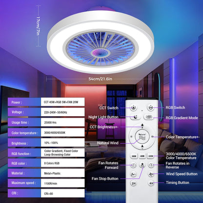 Peasur RGB Deckenventilator mit Licht - dimmbar, weiss