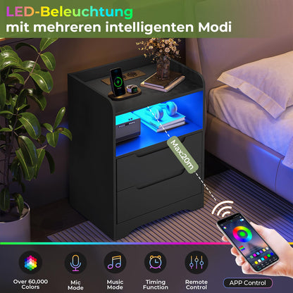 Brinlawb Nachttisch 2er Set mit Ladefunktion & LED, Schwarz