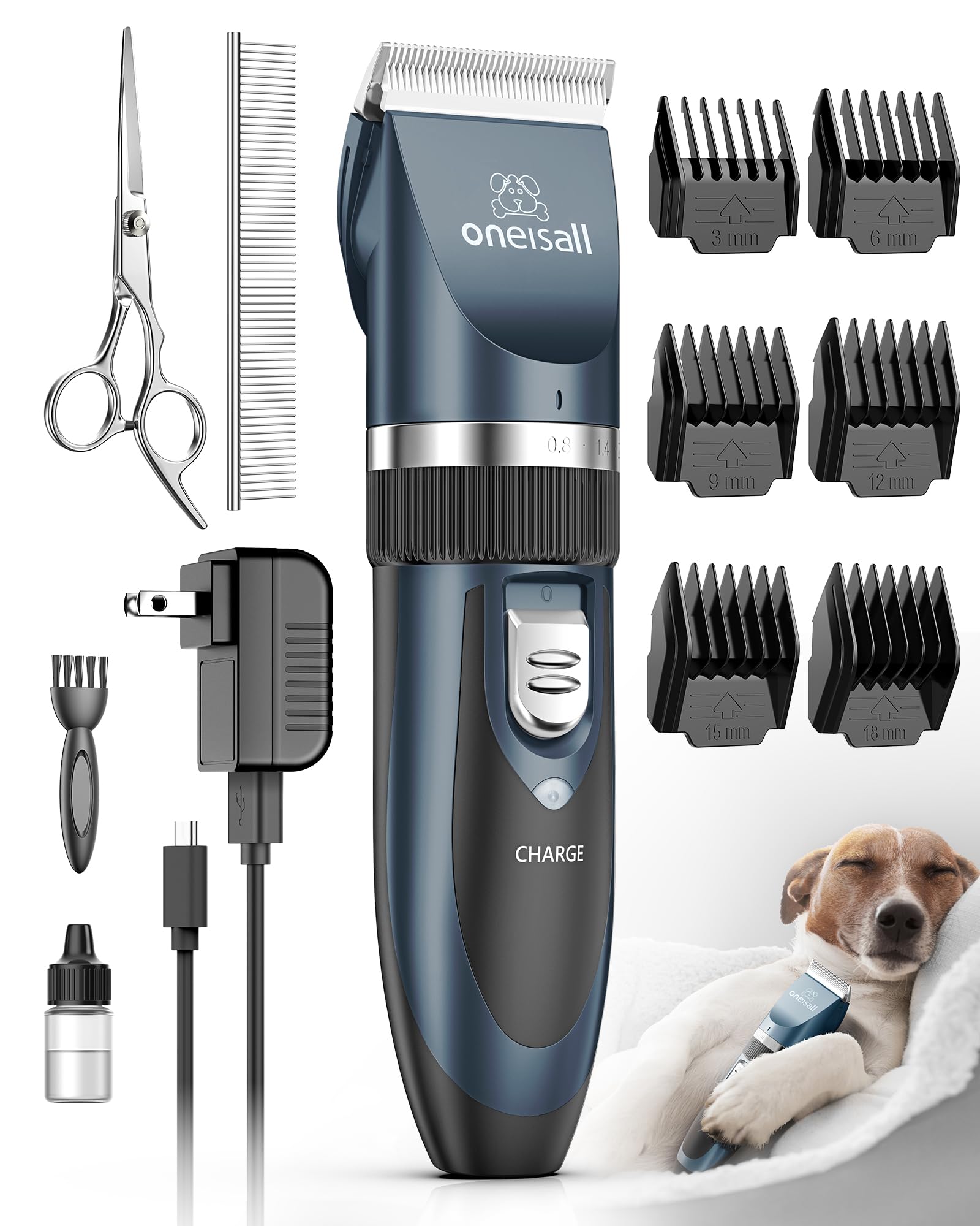 oneisall P2 Hundeschermaschine, kabelloser Hundetrimmer, blau – Keramik- und Edelstahlklinge, für Hunde und Katzen