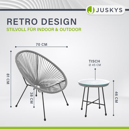 Juskys Ostana Balkonmöbel Set 3-tlg. Tisch & 2 Sessel Hellgrau