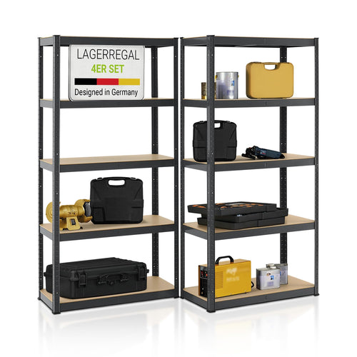 Juskys Lagerregal Basic Schwerlastregal – 4er-Set 180x90x40cm Grau. Vier graue Metallregale mit stabilen Einlegeböden zur Lagerung schwerer Gegenstände in Keller/Werkstatt.