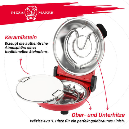 KLAIF Elektrischer Pizzaofen 420 °C mit Pizzastein, 1200 W, Rot