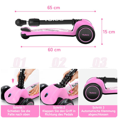 YOLEO Kinderroller Dreiradscooter, 4-fach höhenverstellbar, Rosa