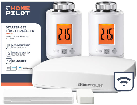 HOMEPILOT Heizung Smart-Home Starter-Set – 2 Thermostate, Gateway Premium: 2 weiße Thermostate und Gateway zur intelligenten Heizungssteuerung.