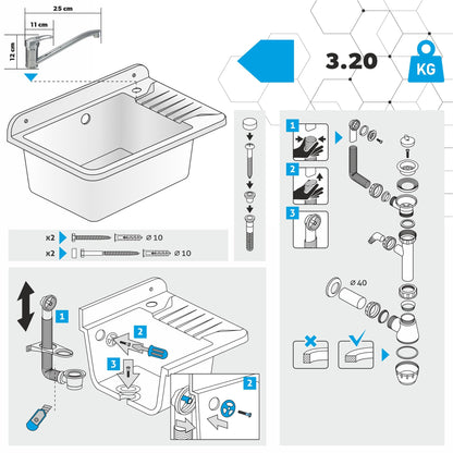 GOSPO Ausgussbecken Polypropylen inkl. Armatur & Siphon - Grau
