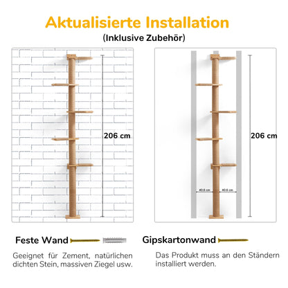 FUKUMARU Kratzbaum Deckenhoch Wandmontage – 206cm Gummibaumholz
