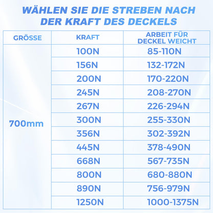 ARANA Gasdruckfeder 700mm 1250N (127kg) – 2 Stück