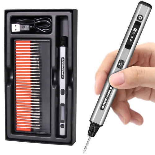 ARROWMAX Mini Gravierstift, kabellos, mit 30 Bits und USB-C – Gravierwerkzeug in Stiftform für Metall, Holz und Glas