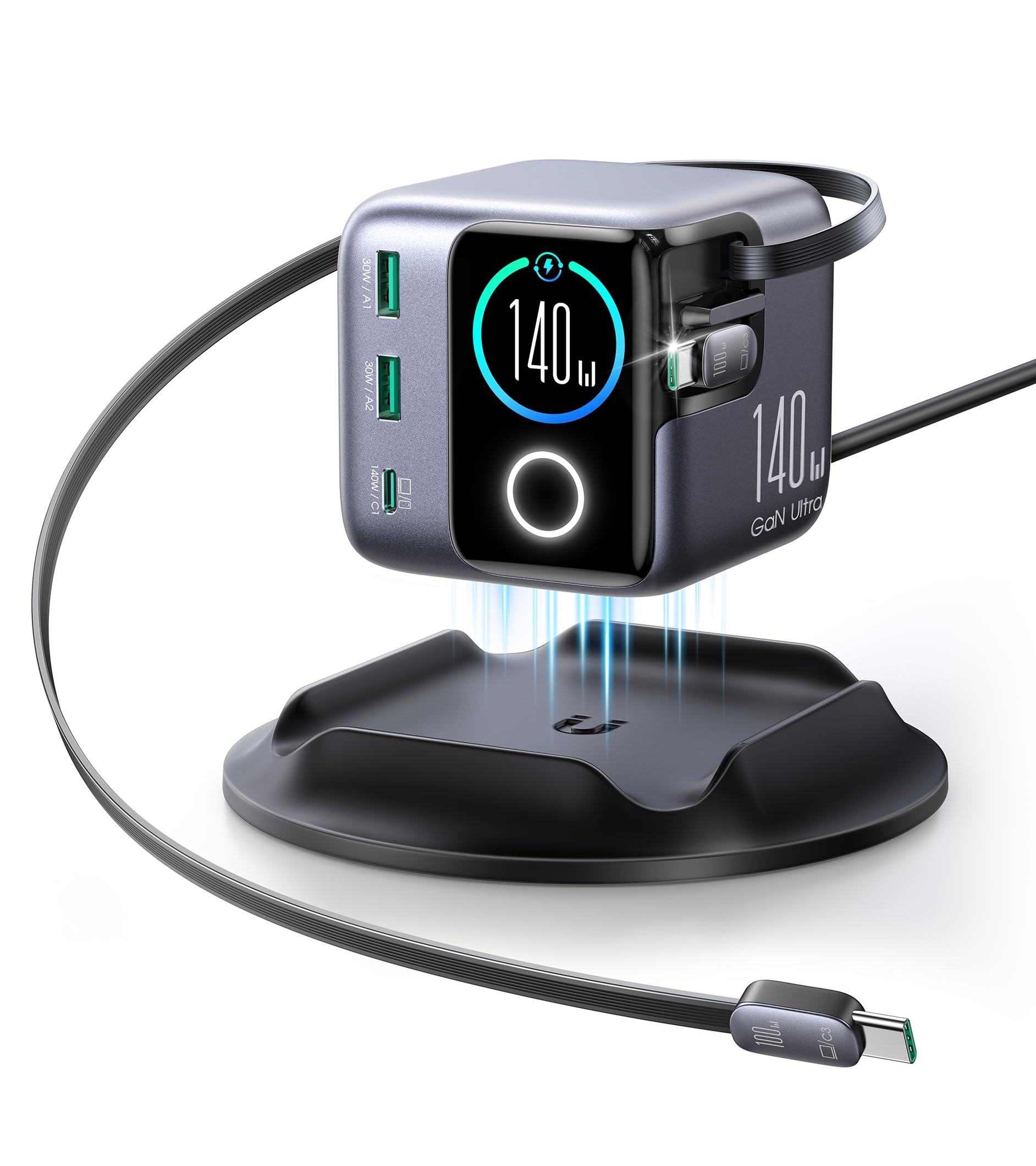 JOYROOM PODIX 140W GaN Ladestation mit zwei einziehbaren USB-C Kabeln und LCD-Display