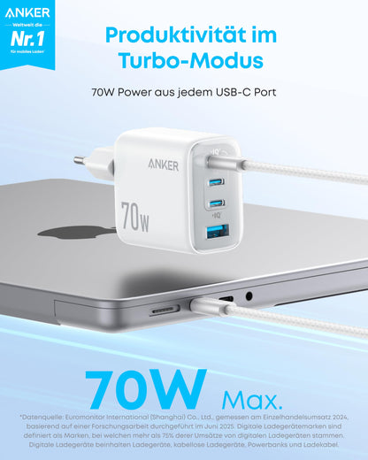 Anker Zolo 70W USB-C Ladegerät, 4-Port Netzteil, kompakt (A121C)