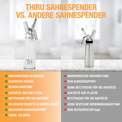 Thiru Sahnespender 500 ml mit 3 Edelstahltüllen, Schneeweiss