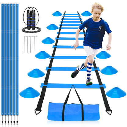 ZPONEED Fussball Trainingszubehör, 6m Koordinationsleiter, 10 Hütchen, Springseil, Slalomstangen Fussball Trainingsset Set, 6 Slalom Poles, für Koordinationstraining, Slalom, Fußball, Hundesport