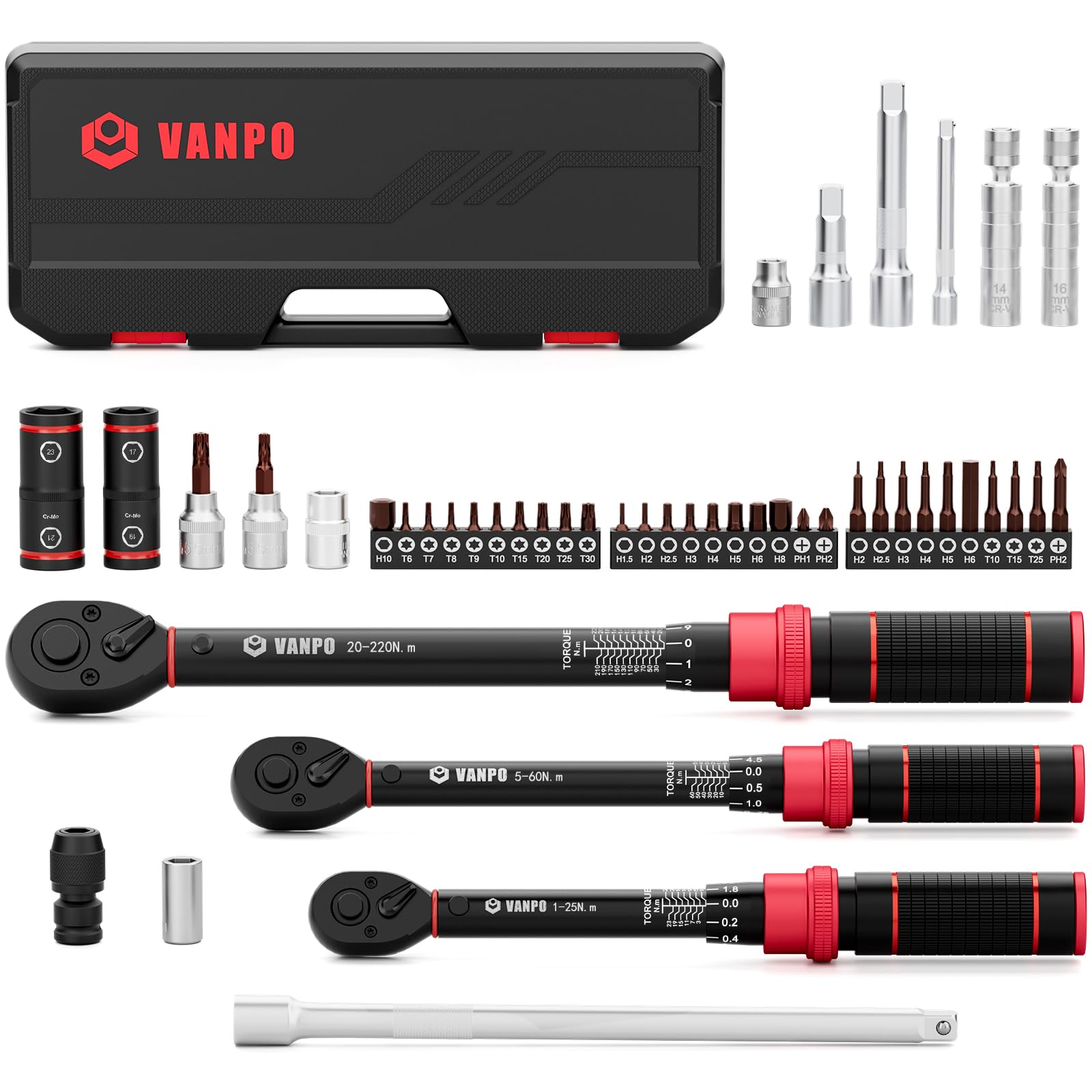 VANPO Drehmomentschlüssel-Set 47-teilig 1/4 3/8 1/2 Zoll 1-220 Nm aus Chrom-Vanadium-Stahl mit Zubehör im Kunststoffkoffer